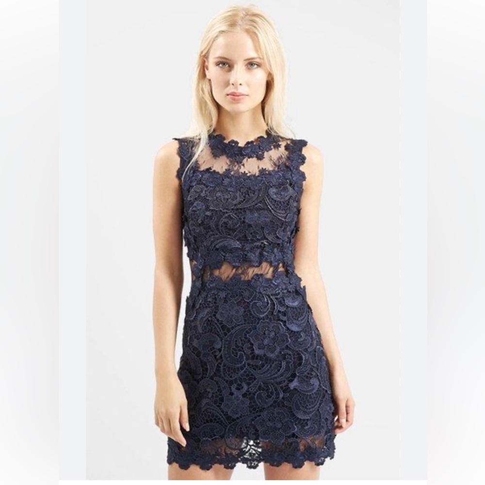 Soieblu navy blue sleeveless lace dress.